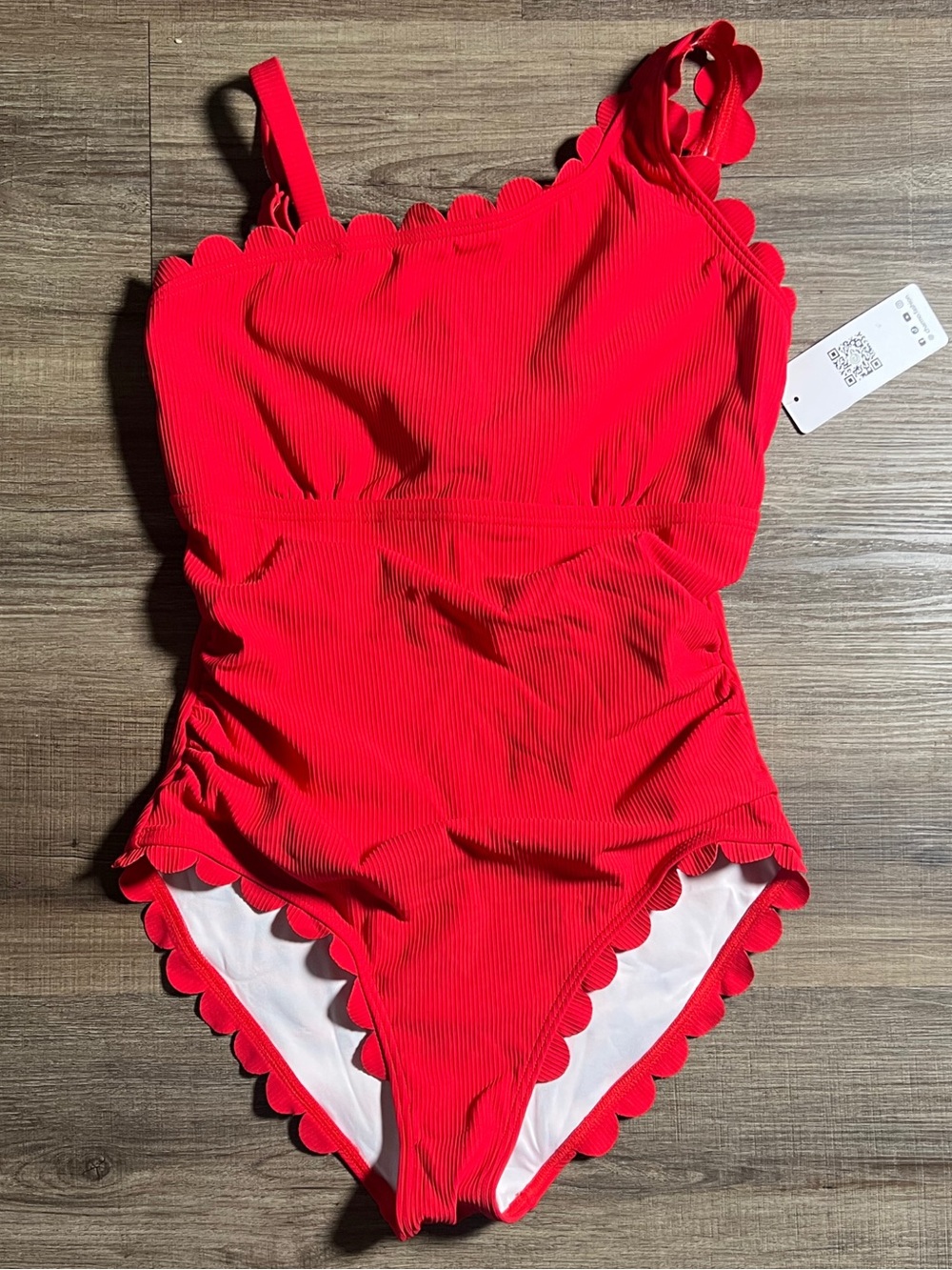 Charmo Red Scalloped Ribbed One Shoulder Swim Swimsuit